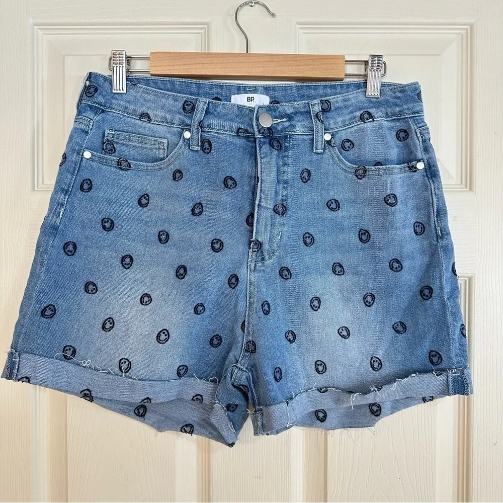 EU BP Smiley Embroidered High Rise Denim Mom Shorts